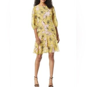 Taylor Womens Dress Yellow Pink Floral Sheer‎ chiffon Size 8